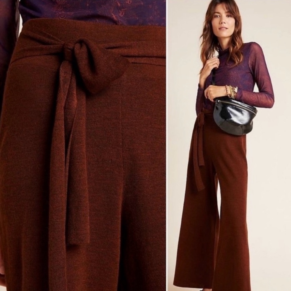 Anthropologie Merino Wool Linette Cropped Knit Tie Waist Wide Leg Pants Size M